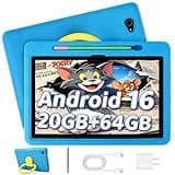 2026 Upgraded Android 16 Kids Tablet, 10 inch Tablet for Kids with 20GB RAM 64GB ROM 1TB Expand, 6000 mAh Battery, Parental Control, UKIDOZ Kids Space, Widevine L1 HD, Protective Case Pen（Blue）