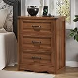 Xixini Nightstand with Charging Station, 24" Wide Farmhouse Bedside Table with 3 Deep Storage Drawers, Modern Wood Side Table with Mental Handle, Tall End Table for Bedroom, Walnut