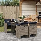 NKOPPFG 5 Piece Garden Dining Set with Cushions, Grey Poly Rattan Outdoor Patio Furniture with Foldable Chairs and Tempered Glass Table