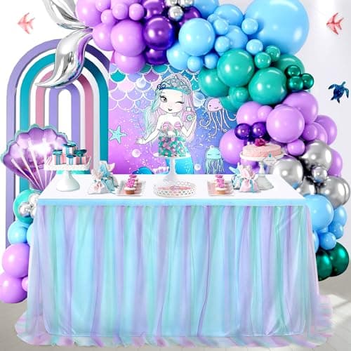 Pastel Rainbow Blue Table Skirt Ruffle Mermaid Party Tablecloth for Rectangle Table Tables or Round Tables 9ft Birthday Party Baby Shower Decorations