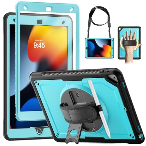 KAIJIAbox Case for iPad 9th/ 8th/ 7th Generation 10.2 Inch, Full-Body Shockproof Case with Screen Protector, 360° Rotating Hand Strap & Stand, Shoulder Strap for iPad 10.2" 2021/2010/2019, Sky Blue