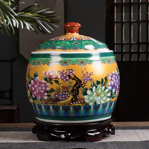 Classic Rice Storage Containe Chinese Ceramic Food Storage Containers With Lid Food Airtight Storage Jars Ceramic Rice Storage Container For Rice, Soybeans, Corn, Flour, Oatmeal(Yellow-B,15KG)