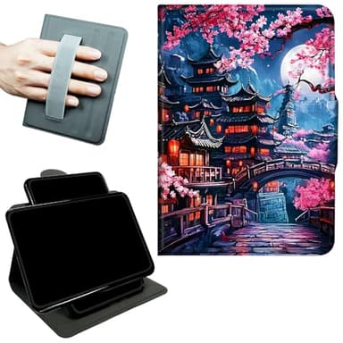 RWUTYTIUL Rotating Handle Case for Amazon Fire HD 10 & 10 Plus(13th/11th Generation, 2023/2021), 360 Degree Swivel Kickstand with Magnetic Closure Leather Protective Cover, Cherry Blossom House