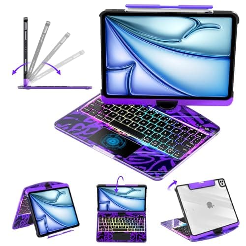 lambasa Clear Keyboard Case for iPad Air 13" (M3/M2,2025/2024) and Pro 12.9" (3/4/5/6th Generation) 360° Rotation Multi-Touch Trackpad Wireless Bluetooth 7 Colors Backlit with Pencil Slot Purple