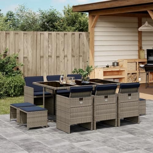 VIHHQGC 10-Piece Gray Patio Dining Set with Poly Rattan Seating and Tempered Glass Tabletop for Outdoor Meals and Relaxation, Includes Plush Cushions and Powder-Coated Steel Frame