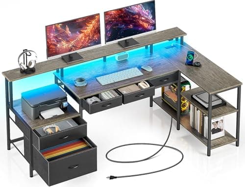 Seventable L Shaped Desk with File Drawers, 64" Home Office Desk with Power Outlet & LED Lights, Reversible Gaming Desk with Printer Storage Shelves, Corner Computer Desk with Monitor Stands, Grey
