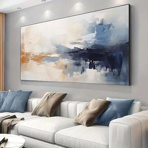 AOXUBI Large Modern Abstract Blue White Black & Orange Canvas Wall Art - Navy/Beige/White/Black Textured Painting for Living Room 70x142cm/28x56in