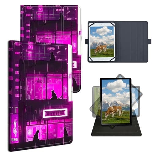 Dikoer Universal Case for LG G Pad F 8.0"/7.0" LK430/G Pad F2 X2 Pad X 8.0, Adjustable Silicon Band Shockproof TPU Protective PU Leather Cover for 7-9 Inch, Purple Lamp Black Cat