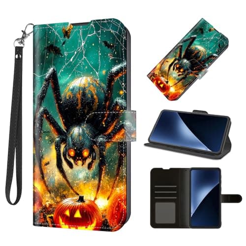 DSIVIKIZ Wallet Case with Wrist Strap for Apple iPhone 16 Plus–Halloween Spider, Flip PU Leather Magnetic Closure Cover with RFID Blocking Credit Card Holder, Case for iPhone Plus