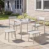 Grand patio 5 Pieces Patio Dining Set for 4, Small Metal Outdoor Furniture with Square Glass Top Table, 2 Stackable Chairs & 2 Ottomans, Outdoor Patio Bistro Set for Balcony, Backyard, Lawn & Deck