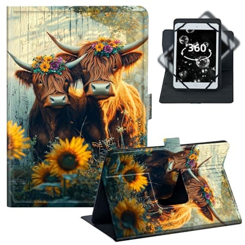BREIDMKFM Tablet Case for iPad Pro 11/Samsung Tab S9 11-10.5-11.5 Inch PU Leather Folio with 360 Rotating Stand,Fit for Fire Max 11/iPad 10th Gen,﻿Highland Cow Sunflower