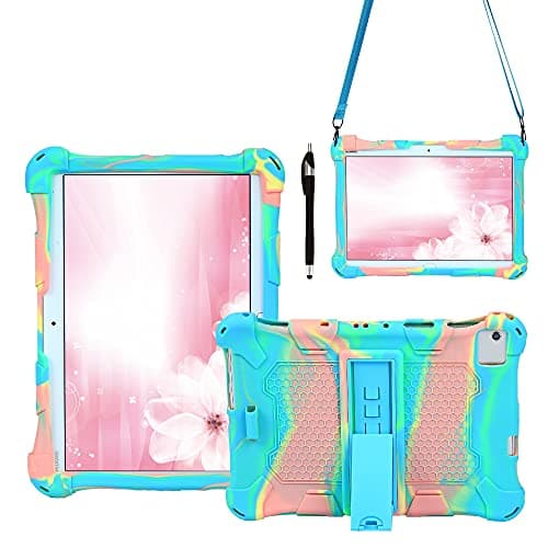 OWSIHNZBF Tablet Case For Huawei MediaPad M5 Lite 10.1 inch,Soft and Light Silicone Shockproof Drop Protective Cover with Kickstand& Shoulder Strap(Blue pink)