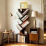 7 Tier Tree Book shelf, Small Bookcase with Reading Planner and Activity Panel, Modern Floor Standing Corner Tall Narrow Storage Cabinet Bookshelves for Home Office Bedroom Living Room (Rustic Brown)