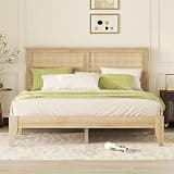 Japovker Wood Queen Size Bed Frame with Rattan Headboard, Mid-Century Modern Platform Bed Frames with Wooden Slats Support, Low Mattress Foundation Base, Under-Bed Storage, No Box Spring Needed