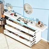 Vipbear Premium Elegant White Dresser, Wooden Dresser for Bedroom with Desktop Slideable & Hidden Shelves & 6 Big Drawers & LED RGB Lights & Power Outlet & Remote Control, 47" Lx34 H