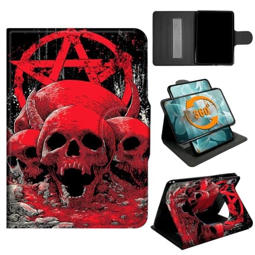 360° Rotating Case for iPad A16 11th Generation 11 Inch 2025 & iPad 10th Generation 2022 with Hand Strap & Magnetic Clasp, PU Leather Stand Cover, Auto Wake/Sleep, Red Skulls