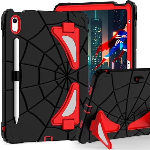 For iPad A19 12th/A16 11th（2026/2025）Case Rugged Tablet Case with Adjustable Kickstand, Shockproof Hard PC+Silicon Cover, Pencil Slot ,Child-Friendly Design for Learning & Adult Work Use(Black+Red)