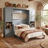 RTIOUJGI Queen Murphy Bed with Desk, Multifunctional Murphy Bed Cabinets with Closet, Drawers and Shelves, Space-Saving Wood Platform Foldable Wall Bed Frame for Office Guest Room (gray5, Queen)