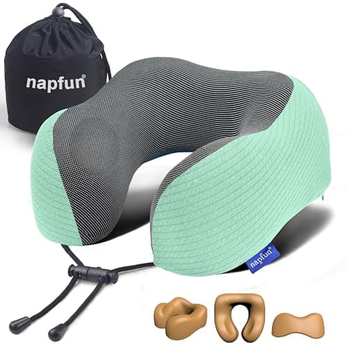 napfun Neck Pillow for Traveling, Upgraded Travel Neck Pillow for Airplane 100% Pure Memory Foam Travel Pillow for Flight Headrest Sleep, Portable Plane Accessories, Turquoise