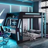 SUANGLNG Full Size Gaming Loft Bed with Side-Mounted Desk RGB Light Strip USB Ports MDF+Wood, 92.3" L x 55.6" W x 65" H（Blue）