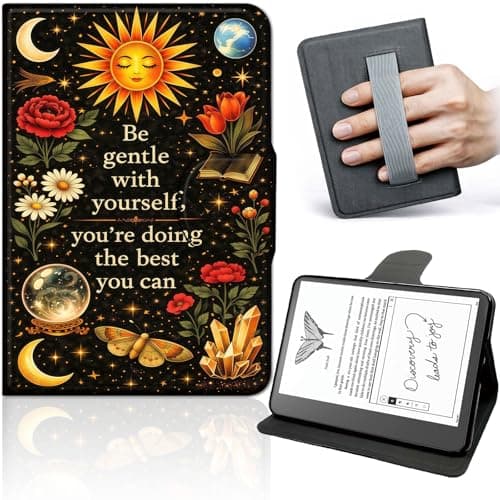 Case for Kindle Scribe (2024/2022 Released) 10.2 Inch, 360° Rotating Stand Tablet Cover with Hand Strap, Auto Wake Sleep, Slim Protective PU Leather Case, Be Gentle Celestial Quote Design
