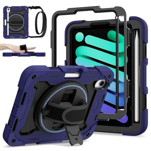 Case for iPad mini 7 (A17 Pro) 2024 / Mini 6 8.3" with Screen Protector, Pencil Holder, 360 Rotating Stand Hand Strap, MIL-STD-810G Military Grade Shockproof Drop Protection Cover, Navy Blue