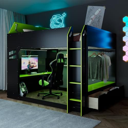QVUUOU Full Size Wood Loft Bed with Height-Adjustable Desk, Drawers, Storage Cabinet, Hanging Rod and RGB Lights, Green - Maximize Bedroom Space with Functional Study and Storage Solution
