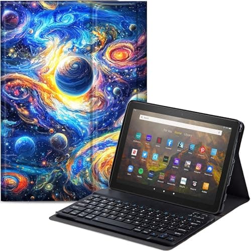 Qindaiwen Keyboard Case for All-New Amazon Fire HD 8/8 Plus (12th Generation/10th Generation, 2024/2022/2020 Release), PU Leather Stand Cover with Detachable Bluetooth Keyboard, Universe Swirling
