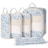 Narwey 5 Set Compression Packing Cubes for Travel, Luggage Packing Organizer Bags for Carry on Suitcase, Expandable Checkered Storage Bags with Laundry & Handle (Little Blue Flower)