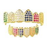 HH BLING EMPIRE Iced Out Diamond Teeth Grillz for Men Women, Hip Hop Rainbow Grills for Your Teeth Top and Bottom, Rapper Costume Mouth Grillz with Silicone Molding Bars (Rainbow)