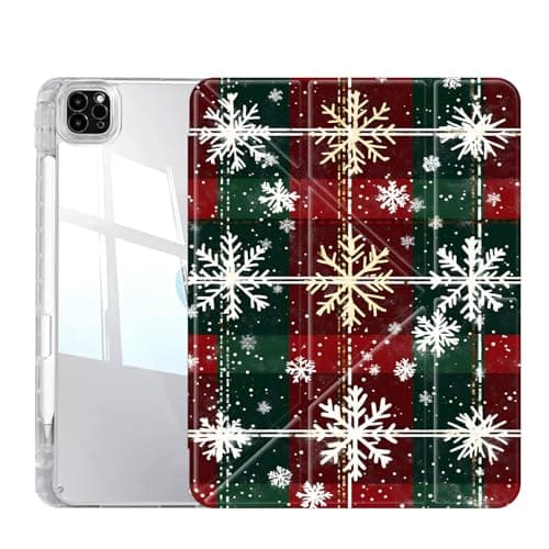 Case for iPad Pro 13 Inch (M5/M4) 2025/2024, Slim Clear Case with Pencil Holder, Multi-Angles Folding Y-Shaped Stand Cover, Christmas White Snowflakes