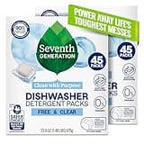 Seventh Generation Dishwasher Detergent Packs, Free & Clear, 45 Count, Pack of 2, Plant Powered Cleaning, Fights Greasy Reside & Stuck-On Food For Sparkling Dishes, Fragrance-Free & Septic Safe