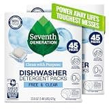 Seventh Generation Dishwasher Detergent Packs, Free & Clear, 45 Count, Pack of 2, Plant Powered Cleaning, Fights Greasy Reside & Stuck-On Food For Sparkling Dishes, Fragrance-Free & Septic Safe
