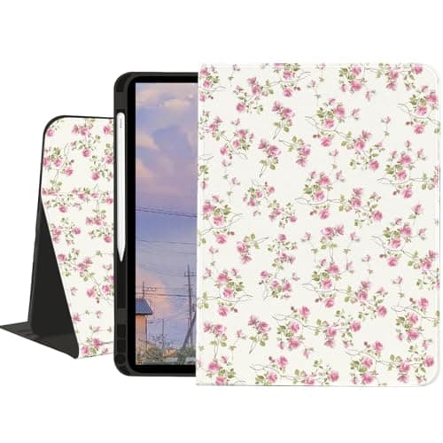 Pink Rose Pattern Case for iPad Pro 11 Inch 2022/2021/2020/2018,Floral Flower Textured Folio Case with Pencil Holder Multi-Angle View Adjustable Stand Auto Wake/Sleep for Women