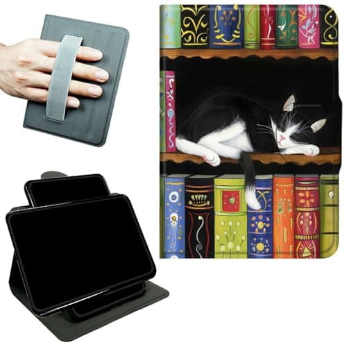 RWUTYTIUL Rotating Handle Case for Samsung Galaxy Tab S10 Plus 2024/S9 FE+/S9 Plus 12.4 Inch 2023, 360 Degree Swivel Kickstand with Magnetic Closure Shockproof Leather Protective Cover, Bookshelf Cat