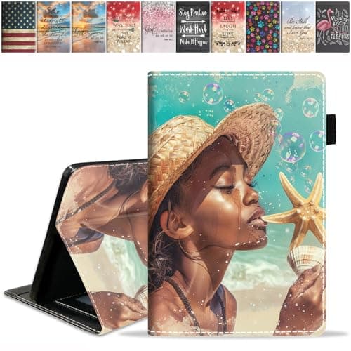 FQTBCEARI Designed Case for All-New Amazon Kindle Fire 7 Tablet (7", 12th Generation, 2022 Release), Slim PU Leather Cover with Card Slot & Auto Wake/Sleep, Women Starfish Shell