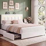 Garvee Full Size Storage Bed Frame with 4 Drawers, LED Lights, Charging Station, Adjustable Headboard, PU Leather Upholstered Platform Bed, Wooden Slats Support, No Box Spring Needed, White