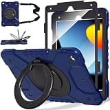 HRFSK Case for iPad 9th/8th/7th Generation 10.2 inch, Shockproof Cover with Screen Protector/360° Rotate Stand/Pencil Holder/Shoulder Strap, Kids Case for iPad 2021/2020/2019 (Navy+Black)