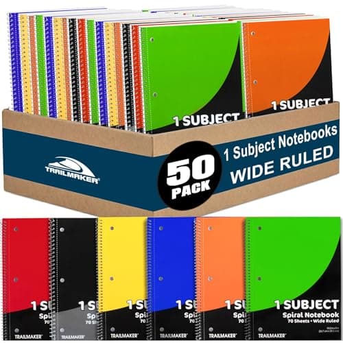 Trail maker Bulk Notebooks (50 Pack), One Subject Notebooks Wide Ruled, 140 Pages (70 Sheets),Spiral Bulk Notebooks for Kids, School Supplies, Journaling, Note Taking, Students, and Work
