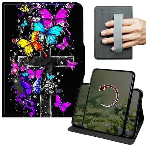 Dikoer Case for Samsung Galaxy Tab A7 Lite 8.7" 2021 (SM-T220/T225/T227), 360 Degree Rotation Lightweight PU Leather Stand Cover with Hand Strap for Women Men Travel, Purple Blue Yellow Butterfly