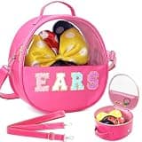 Translucent Mouse Ears Travel Case, Chenille Letter Headband Ears Holder Waterproof Hair Accessories Organizer Storage for Women Adults Gift Large Thicken Makeup Snack Bag for Park Travel (Rose Red)