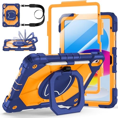 Case for iPad A16 11th Generation 11 Inch 2025, Auorld for iPad 10th Generation 10.9 inch 2022 case with Screen Protector, 360 Degree Rotating Stand Shoulder Strap Pencil Holder, Navy Orange
