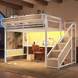 Bellemave Queen loft Bed with Storage Stairs, Wardrobe, Shelves, Metal Queen Loft Bed Frame for Adults, Kids, Teens, White+Natural Wood with Stairs