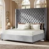 Jocisland California King Size Bed Frame with 65" Tall Headboard, Upholstered Wingback Platform Design, Handcrafted Pleats & Deep Button Tufted, Solid Wood Legs, No Box Spring Needed, Grey
