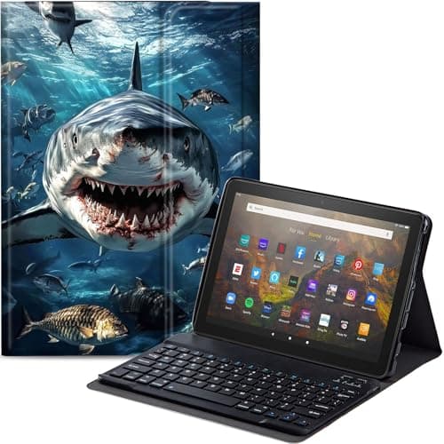 Qindaiwen Keyboard Case for All-New Amazon Fire HD 8/8 Plus (12th Generation/10th Generation, 2024/2022/2020 Release), PU Leather Stand Cover with Detachable Bluetooth Keyboard, Angry Shark