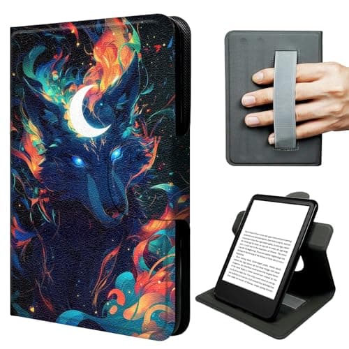 JNFBWULO Case for Kindle 11th Generation (6" Display, 2022 & 2024 Release, Basic Kindle), 360° Rotating Stand Cover with Hand Strap, Auto Sleep Wake Protective Folio - Wolf Flame Flow