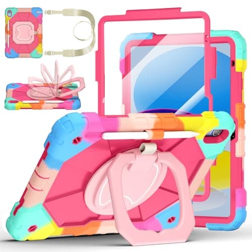 Case for iPad A16 11th Generation 11 Inch 2025, Auorld for iPad 10th Generation 10.9 inch 2022 case with Screen Protector, 360 Degree Rotating Stand Shoulder Strap Pencil Holder, Colorful Pink