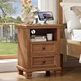 SAVOR LIFE Farmhouse Night Stand with Charging Station, Antique Bedside Table with Open Shelf & Thick Tabletop & Square Wooden Legs, Brown