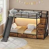 Bunk Bed with 6 Drawers and Slide, Twin Over Twin Bunk Bed Frame with LED Lights & Staircase Storage, Space-Saving Metal Bed Frame with Storage for Bedroom, Brown