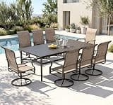 PHI VILLA 9 PCS Patio Dining Set for 8 Person, Padded High Back Outdoor Swivel Chairs and Large Metal Table, Patio Table and Chairs Set for Outdoor Deck Lawn Garden